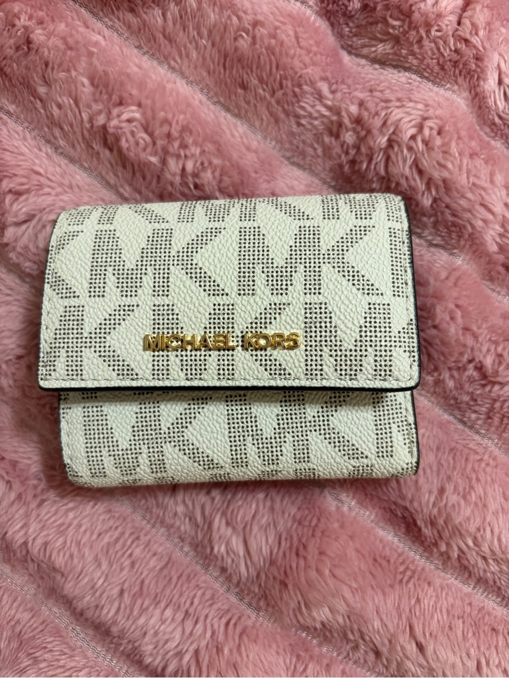 Michael Kors Cream Logo Compact Trifold Wallet with Gold Hardware